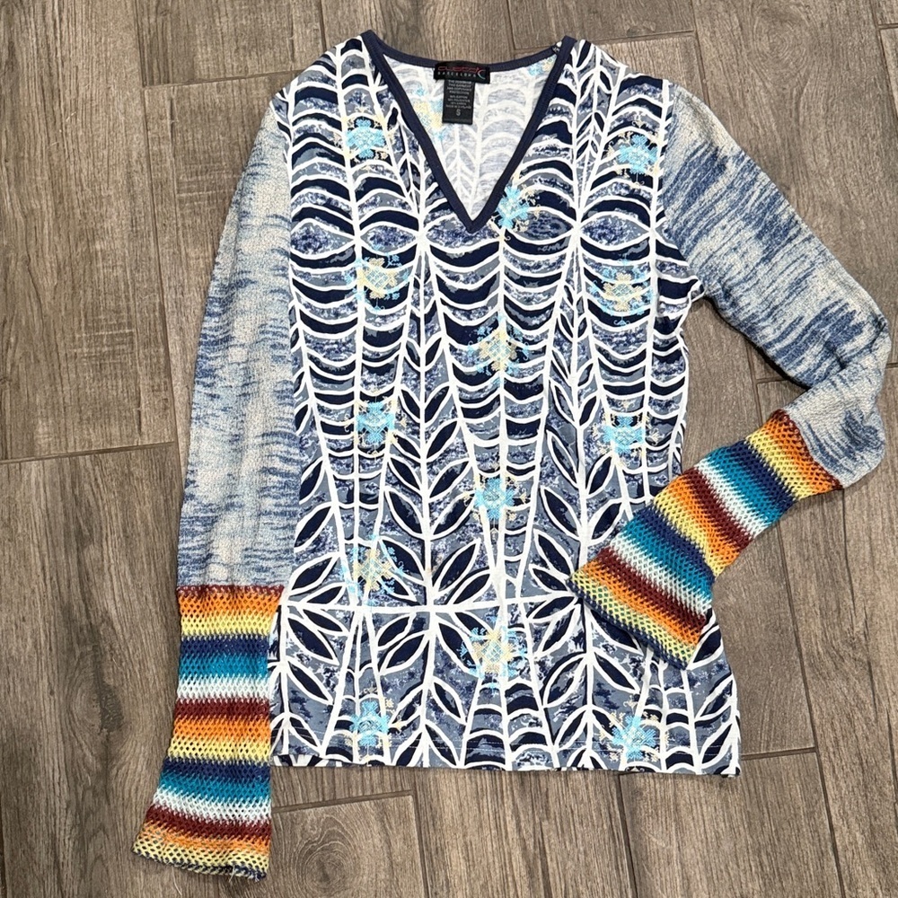 Custo Barcelona Y2K Long Knit Sleeved Patterned Tunic Top